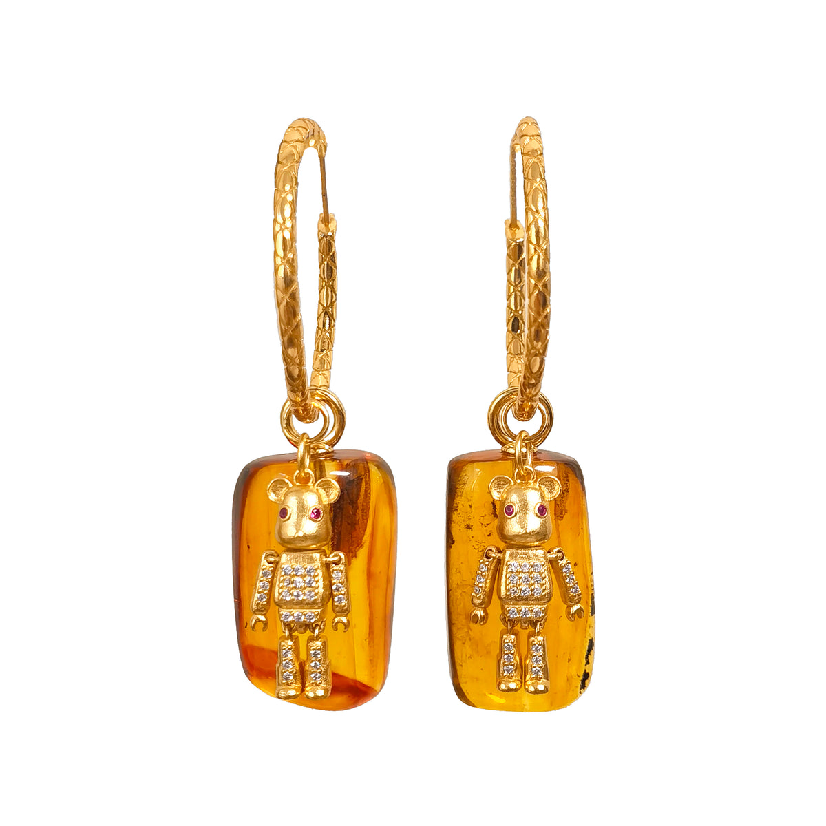 Meicily Natural Insect Amber & Bear Convertible Earrings featuring articulated teddy bear charms and amber drops