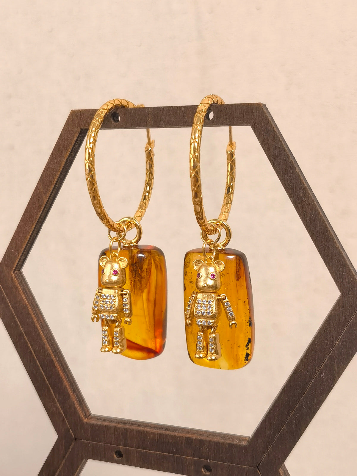 Natural Insect Amber & Bear Convertible Earrings — Meicily playful amber earrings with movable gold-plated silver bear charms
