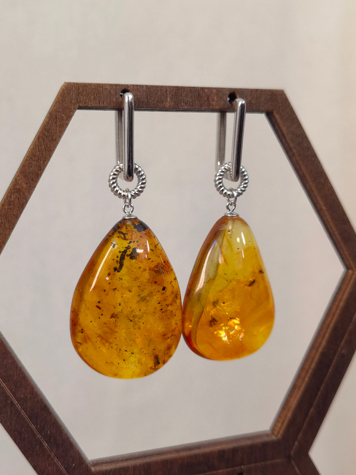 Natural Insect Amber Convertible Earrings — Meicily convertible amber earrings worn as statement dangles or minimalist hoops