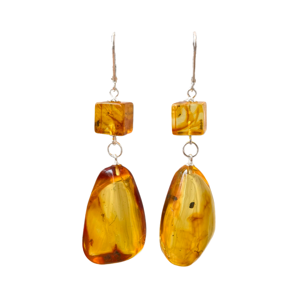 Meicily Natural Insect Amber Cube & Teardrop Earrings featuring ancient inclusions preserved in golden resin