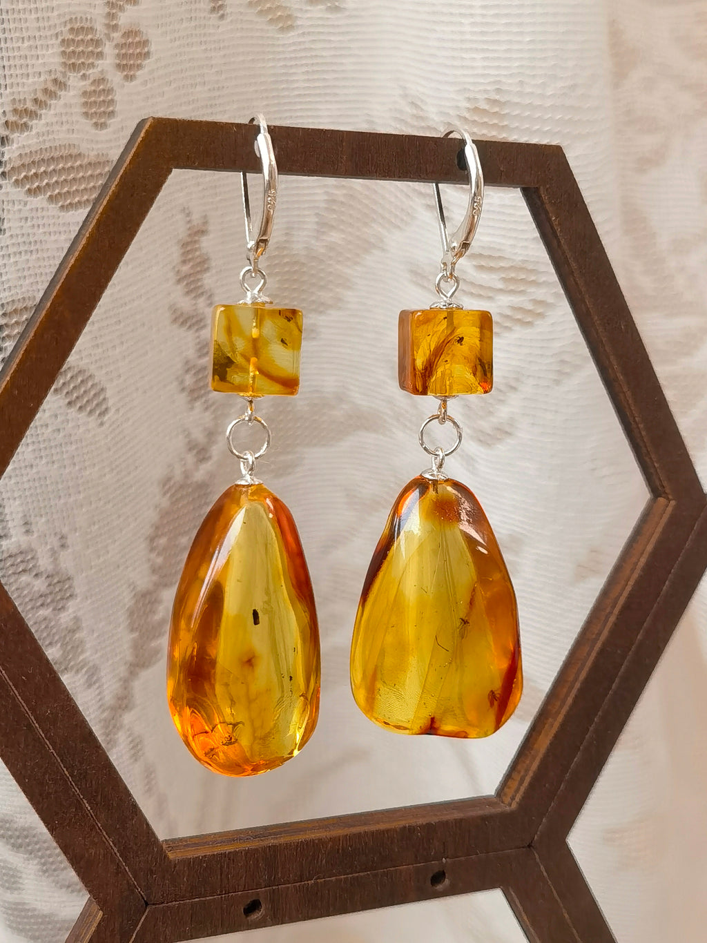 Natural Insect Amber Cube & Teardrop Earrings — Meicily handcrafted insect amber earrings combining geometric cubes and