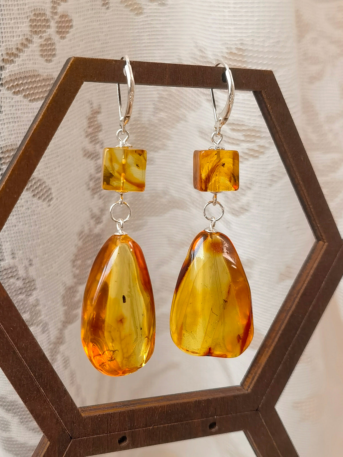 Natural Insect Amber Cube & Teardrop Earrings — Meicily handcrafted insect amber earrings combining geometric cubes and