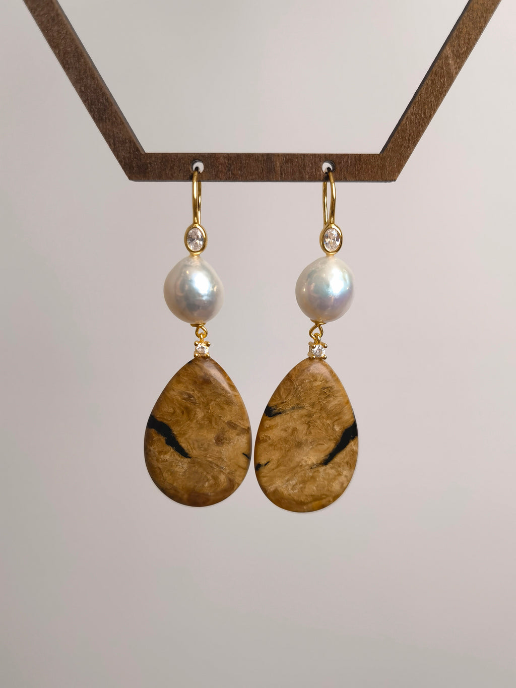 Natural Root Amber & Freshwater Pearl Earrings — Natural root amber and aurora freshwater pearl earrings, combining warm