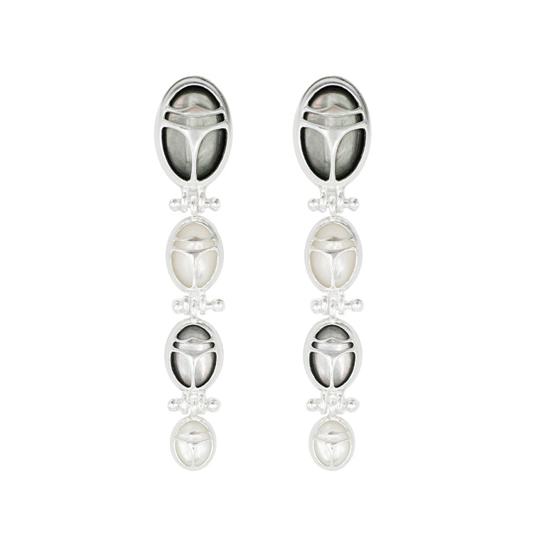 Nomadic Poem · Scarab Mother-of-Pearl Ouroboros Long Earrings — Scarab mother-of-pearl ouroboros long earrings crafted in 925