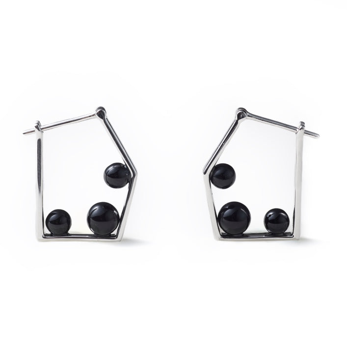 Pentagon Onyx Earrings — Pair of geometric earrings with black spheres on a white background
