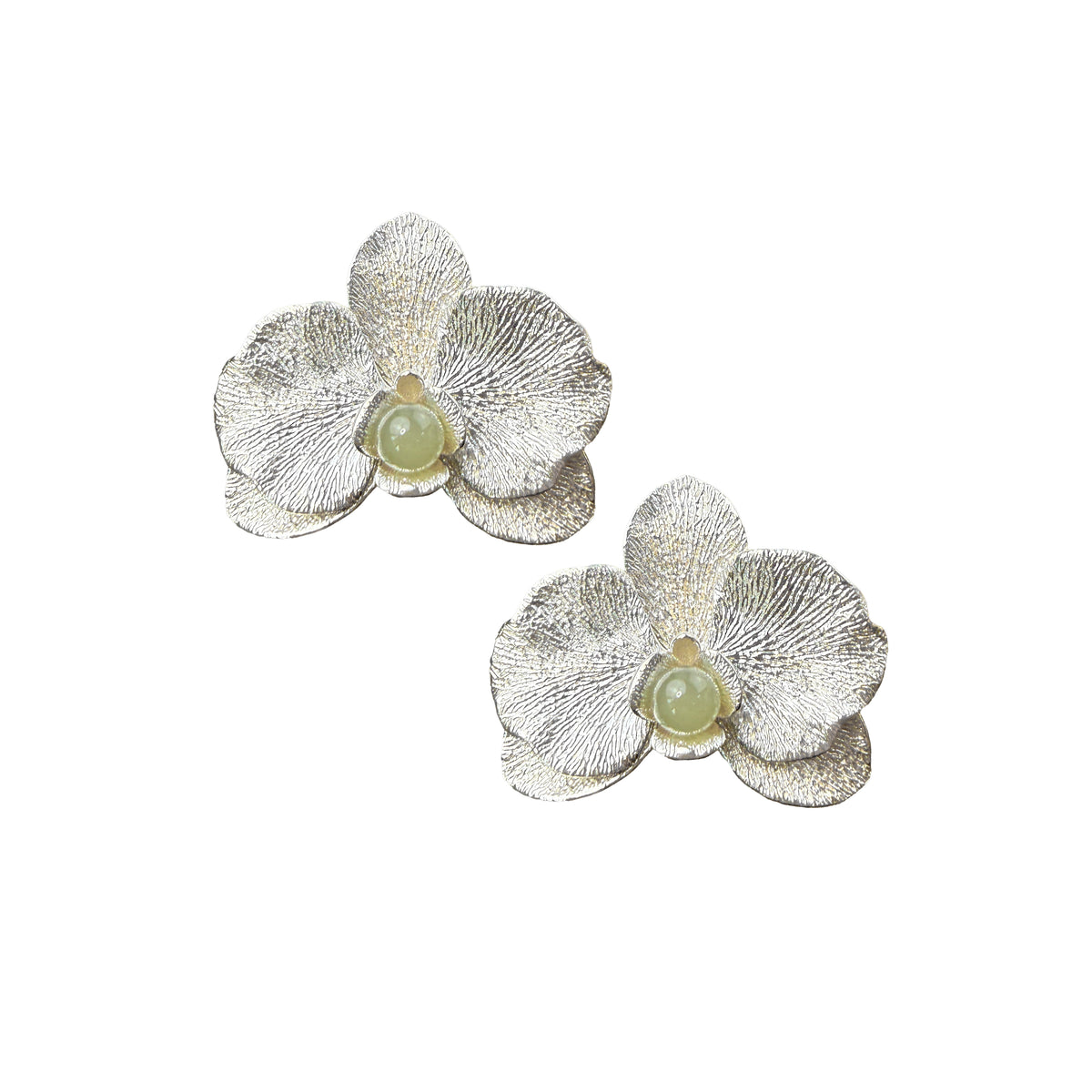 Phalaenopsis Orchid Convertible Earrings — Silver flower-shaped earrings with green centers on a white background