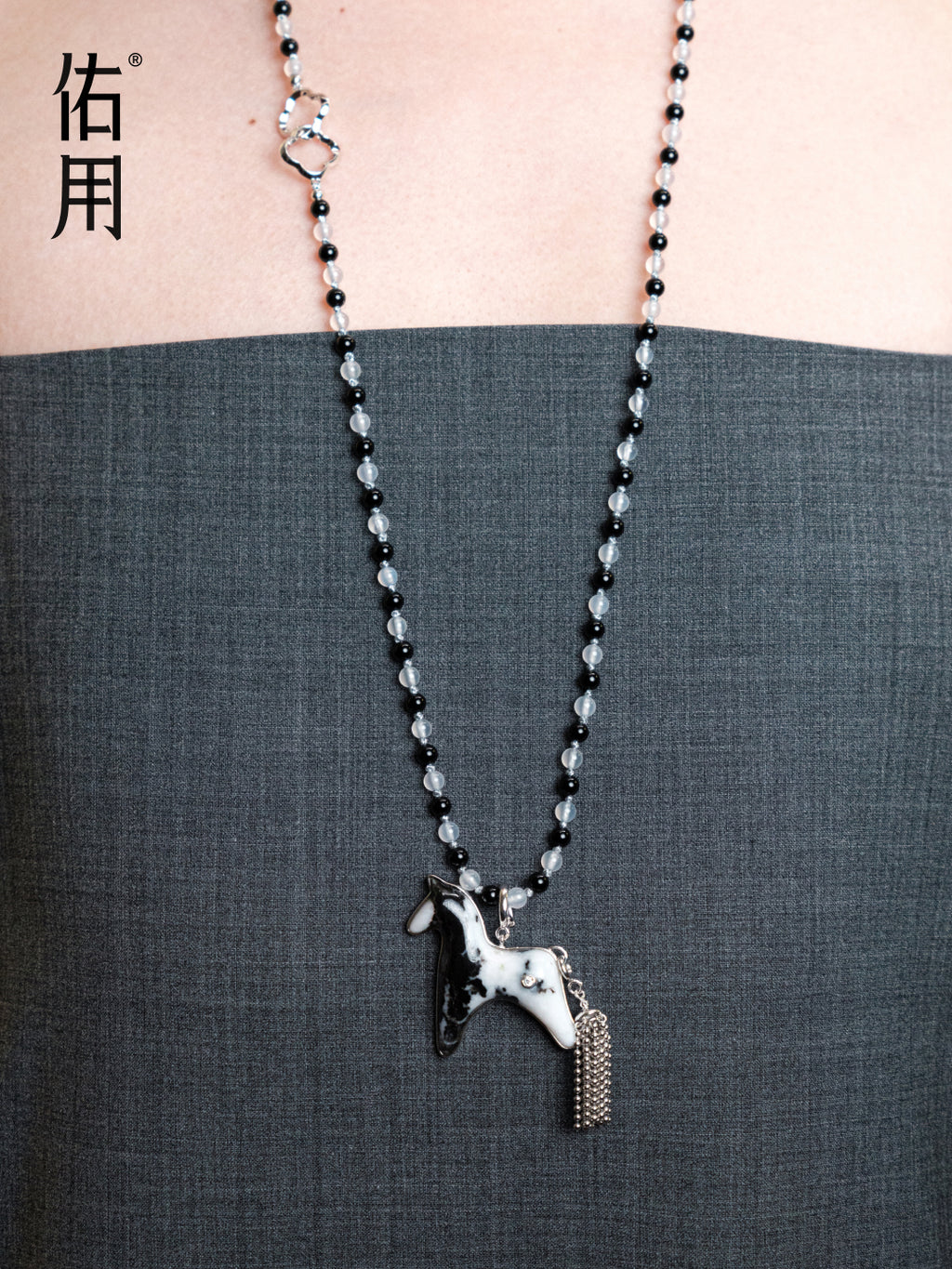 Picasso Jasper Horse Charm Necklace with Detachable Tassel by Aesth & Util, product view 2