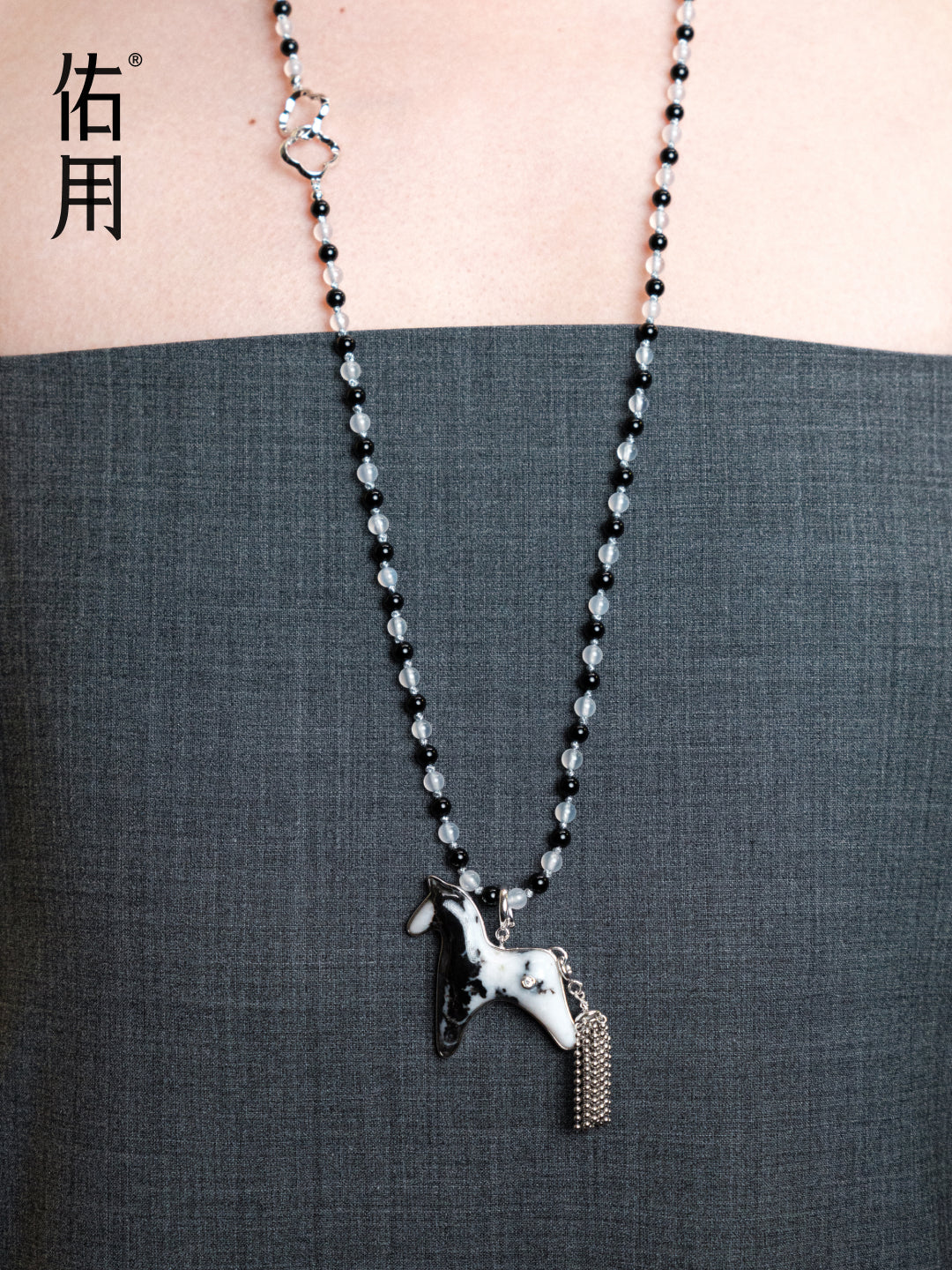 Picasso Jasper Horse Charm Necklace with Detachable Tassel by Aesth & Util, product view 2