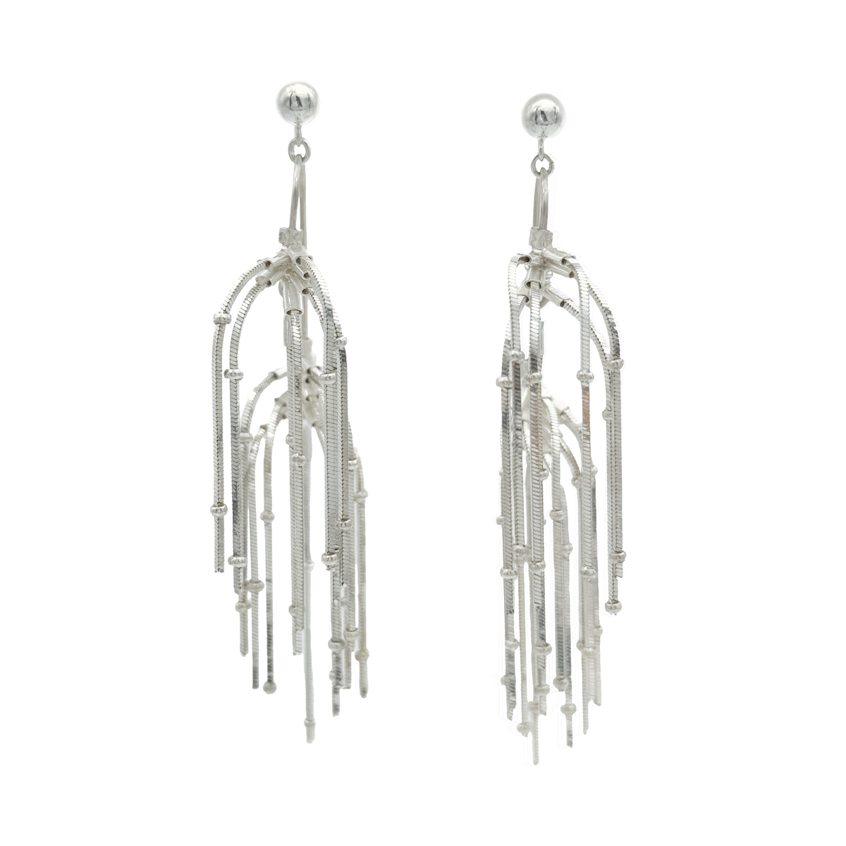 Pine Needle Drop Earrings — Silver fringe earrings on a white background