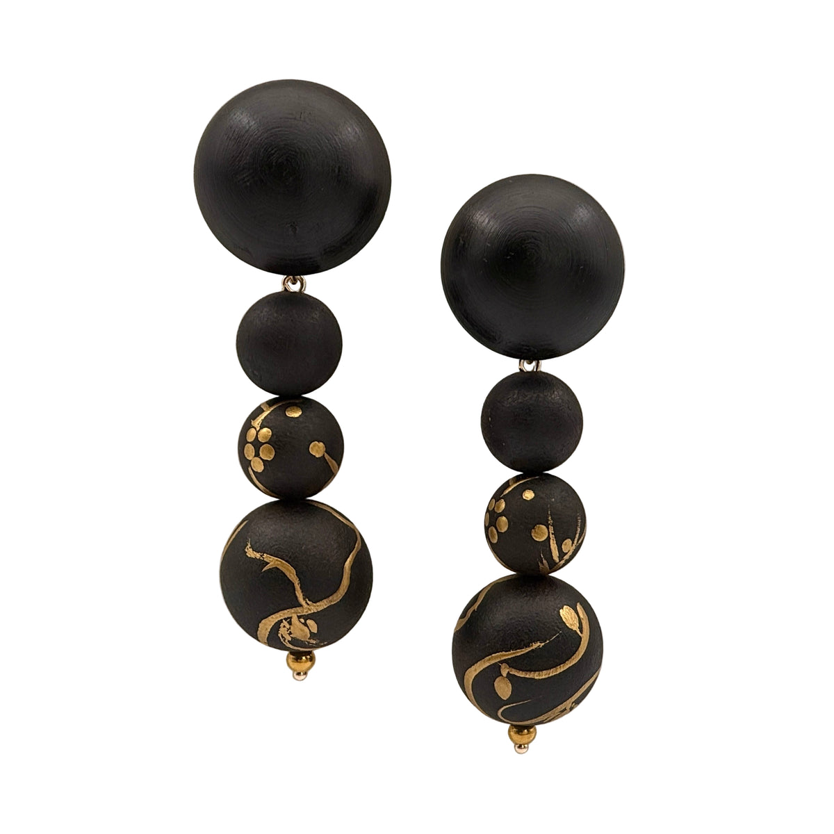 Plum Blossom Lacquer Quasi-Maki-e Long Earrings — Black and gold beaded earrings on a white background