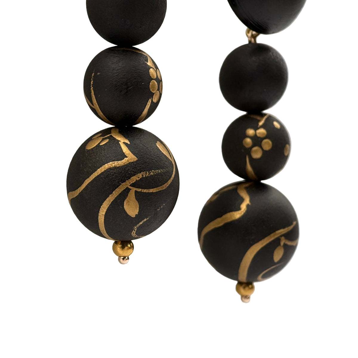 Plum Blossom Lacquer Quasi-Maki-e Long Earrings — Black beaded necklace with gold accents on a white background