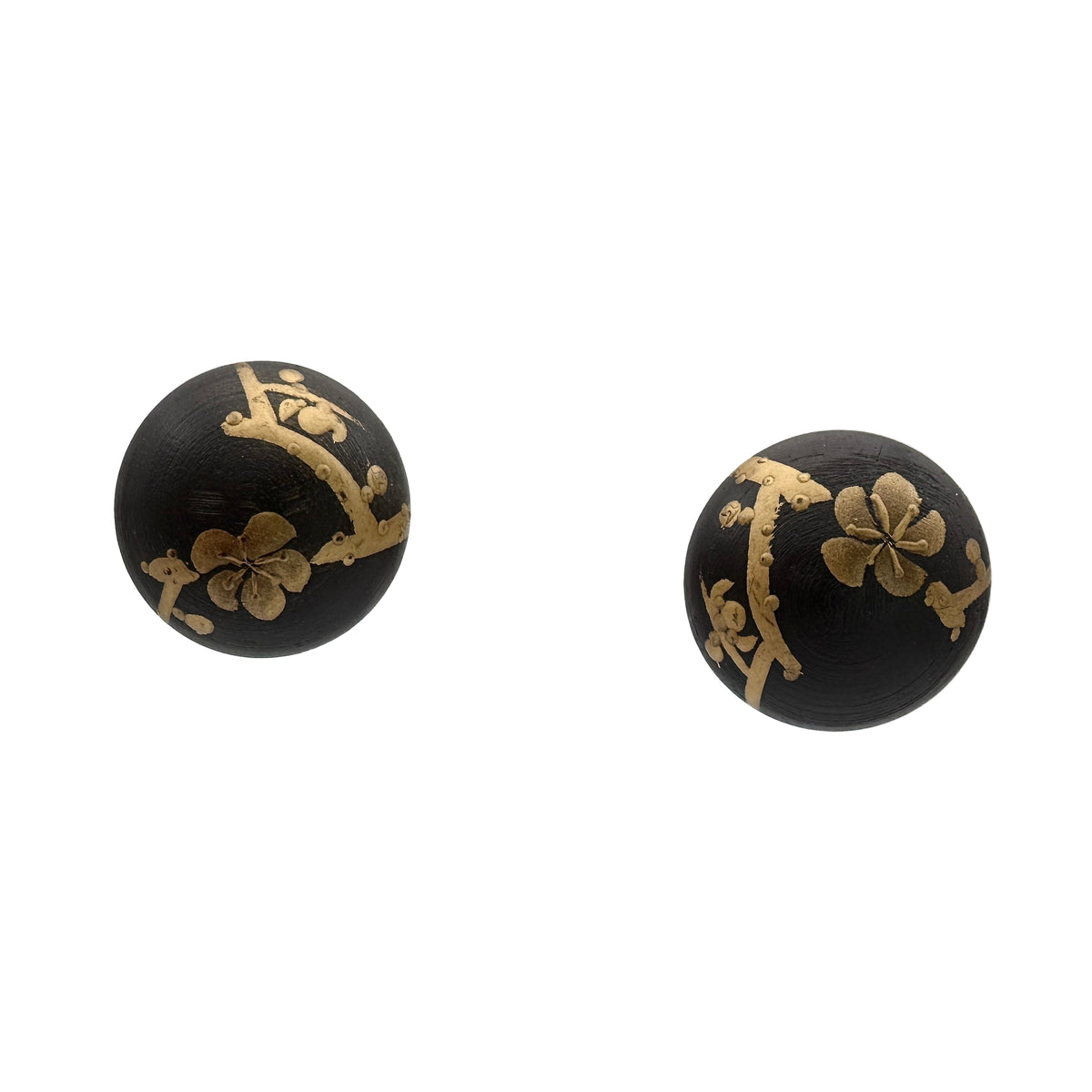 Plum Blossom Lacquer Quasi-Maki-e Stud Earrings — Black earrings with gold floral designs on a white background