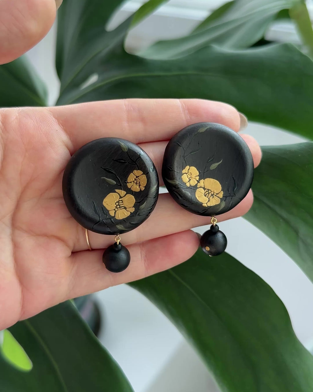 Twin Blossoms Black Lacquer Drop Earrings