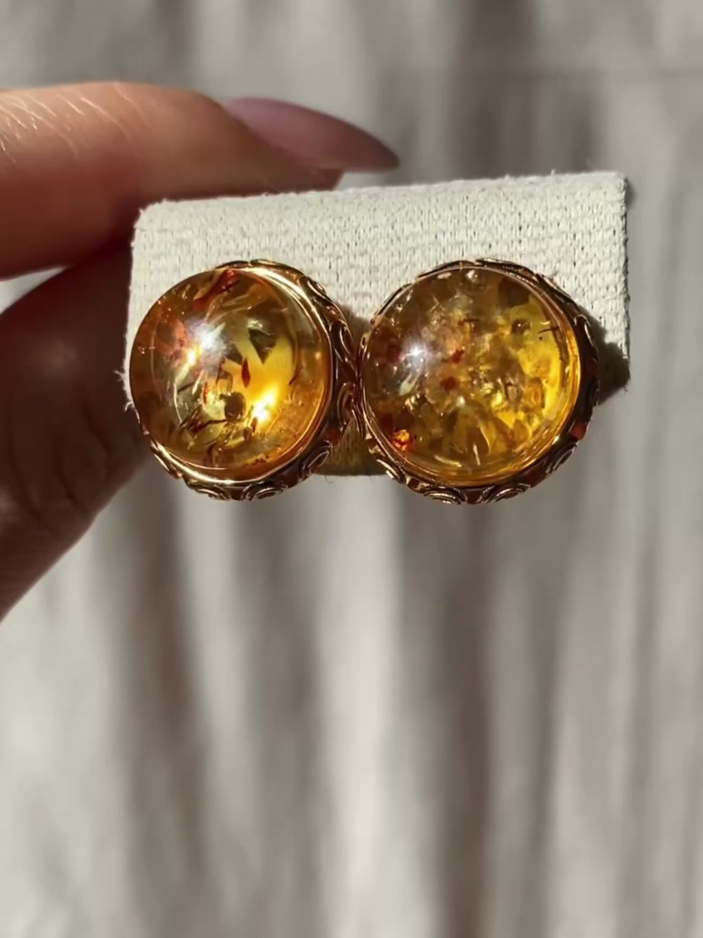Natural Floral Amber Cabochon Earrings