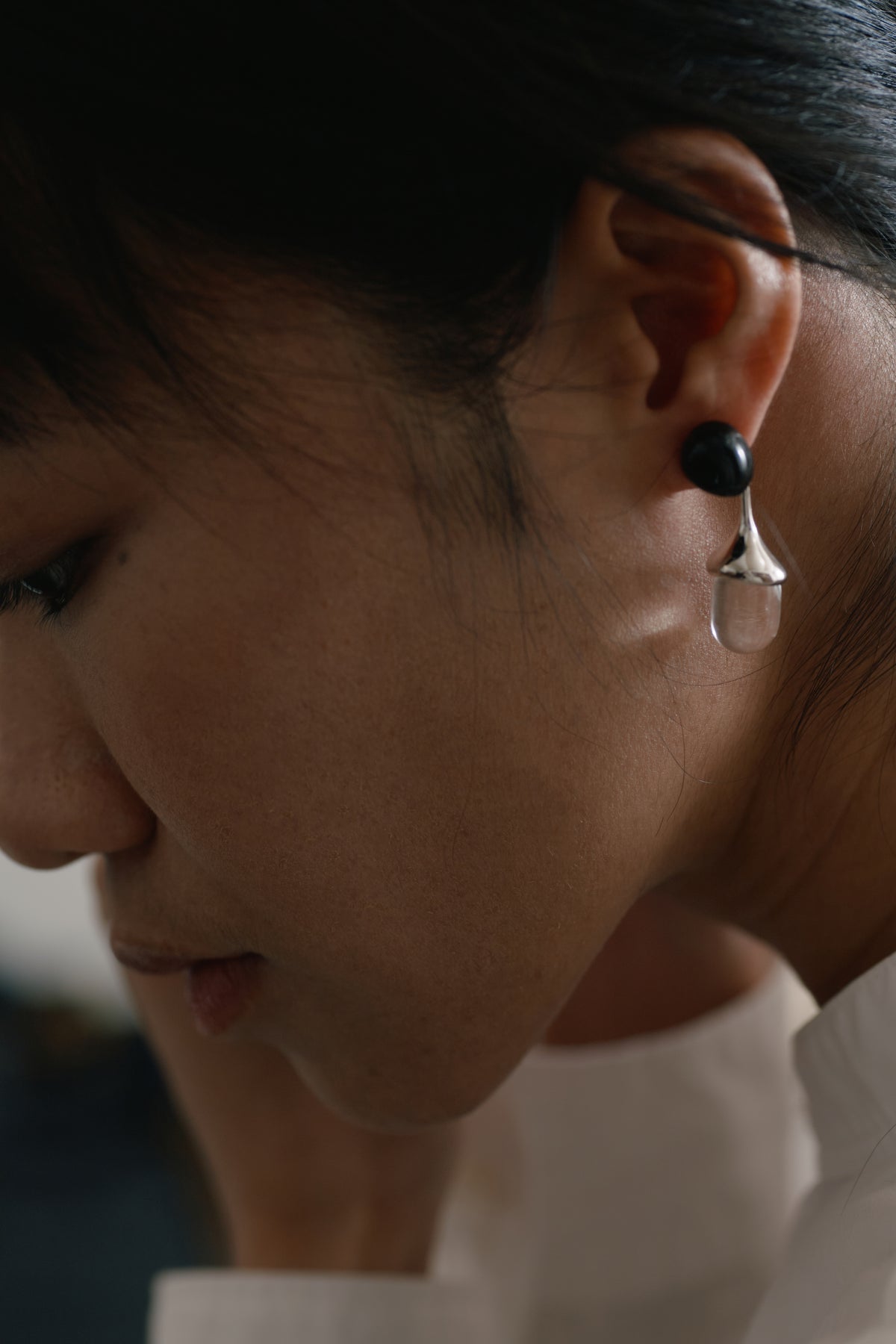 Rain Drop Onyx & Crystal Earrings — MIIISELF minimalist water-inspired earrings balancing soft fluidity with understated