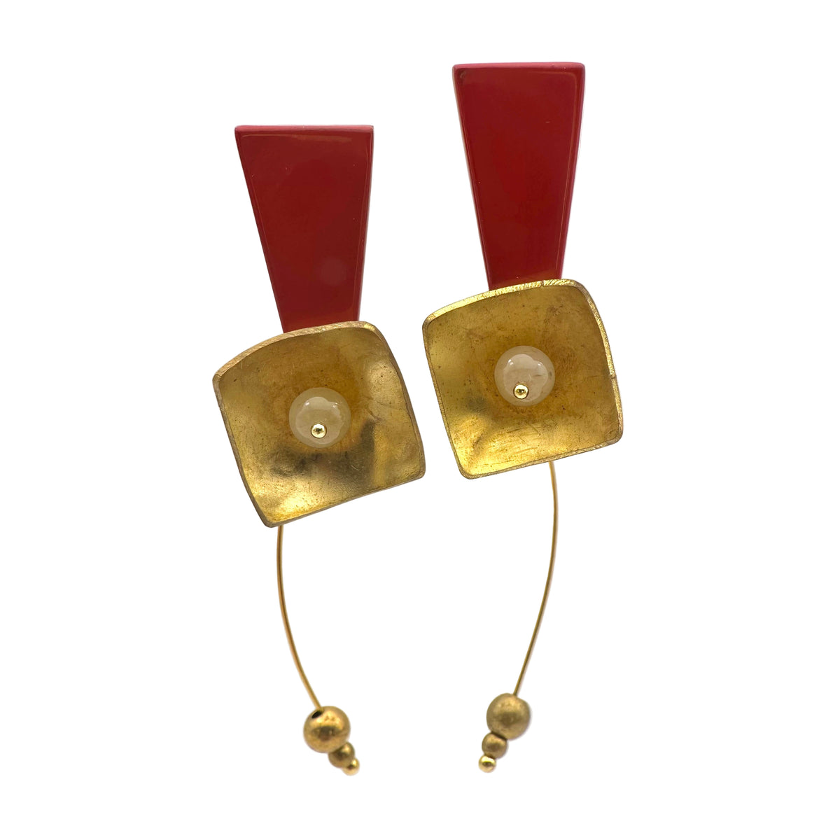 Red Hibiscus Lacquer Quasi-Maki-e Earrings — Pair of earrings with red and gold design on a white background