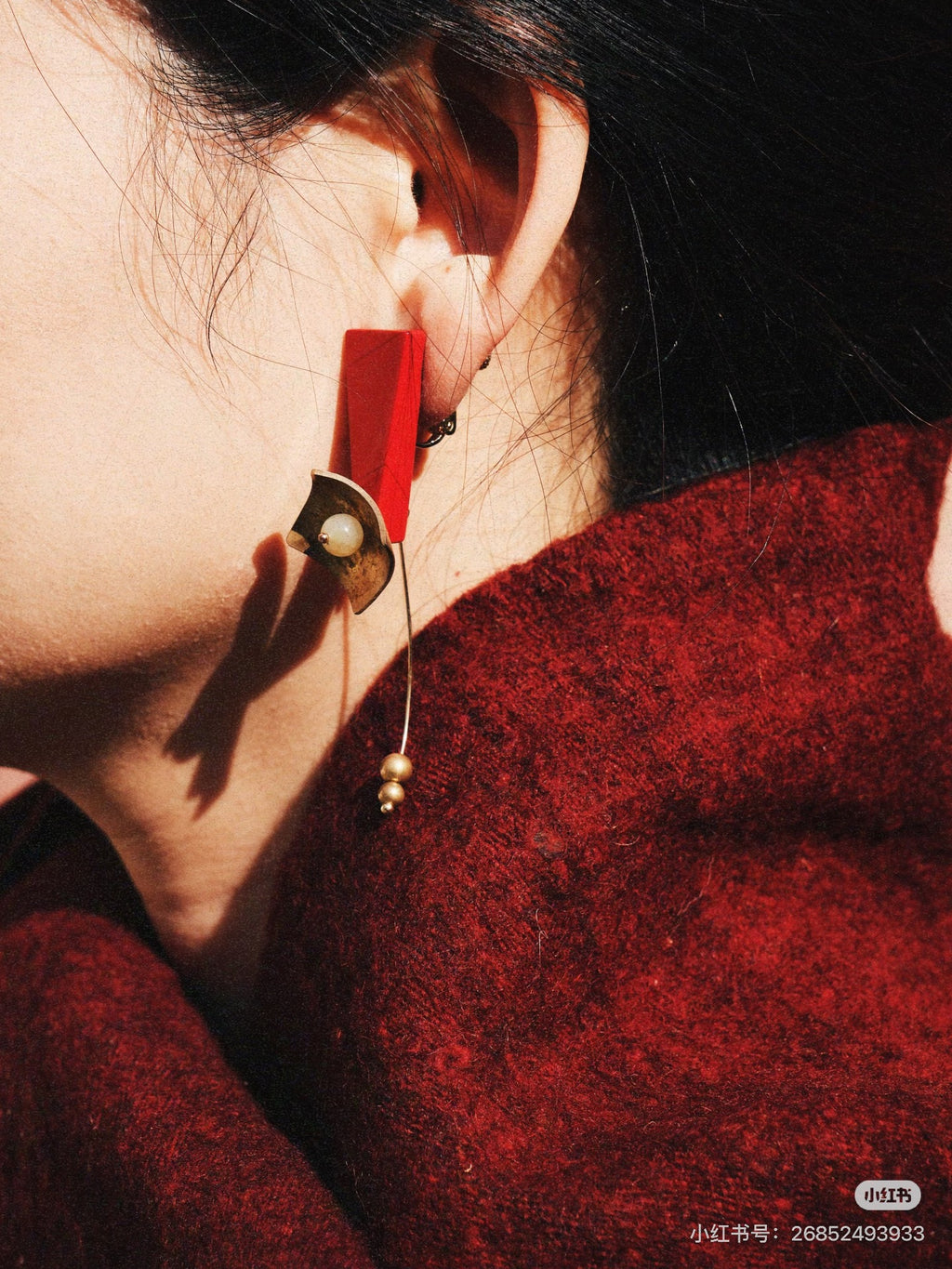 Red Hibiscus Lacquer Quasi-Maki-e Earrings by WenKang Lacquer, product view 2