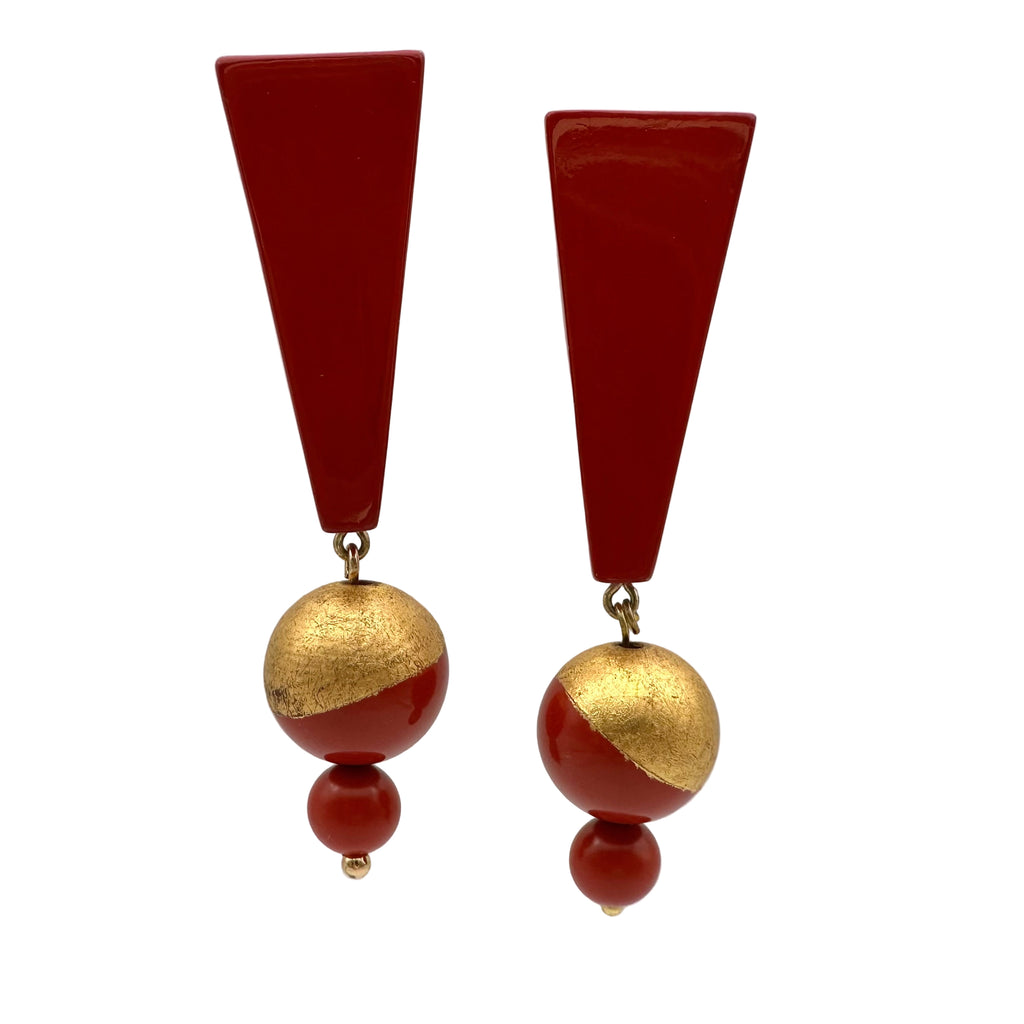 Red Mountain Lacquer Quasi-Maki-e Earrings — Pair of earrings with red and gold geometric design on a white background