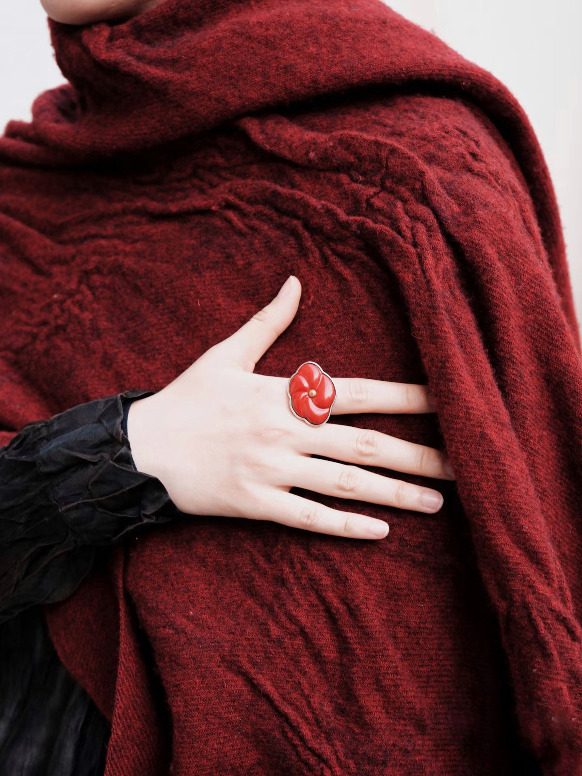 Red Peach Lacquer Quasi-Maki-e Blossom Ring by WenKang Lacquer, product view 2