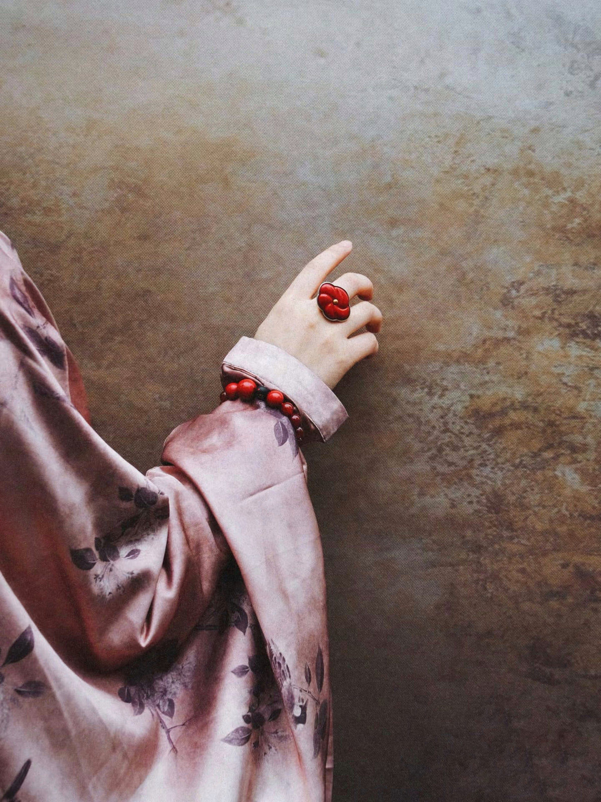 Red Peach Lacquer Quasi-Maki-e Blossom Ring by WenKang Lacquer, product view 3