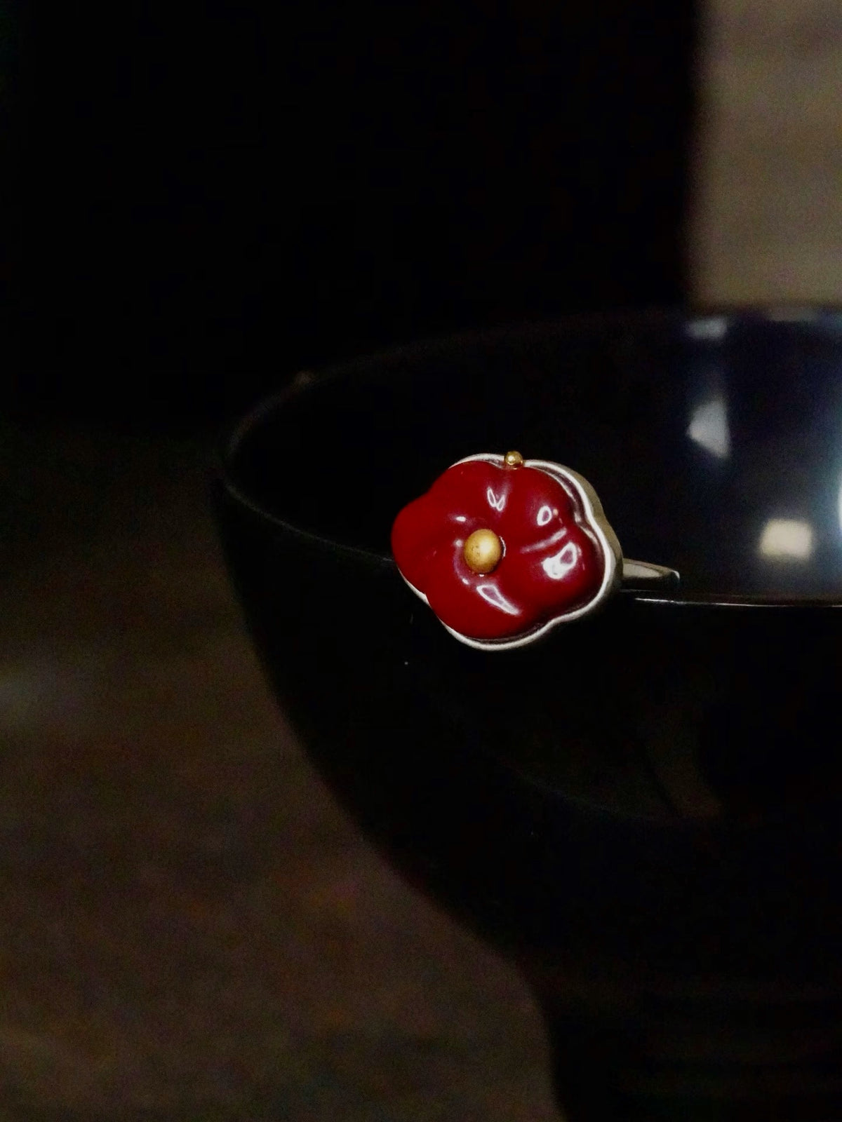 Red Peach Lacquer Quasi-Maki-e Blossom Ring by WenKang Lacquer, product view 5