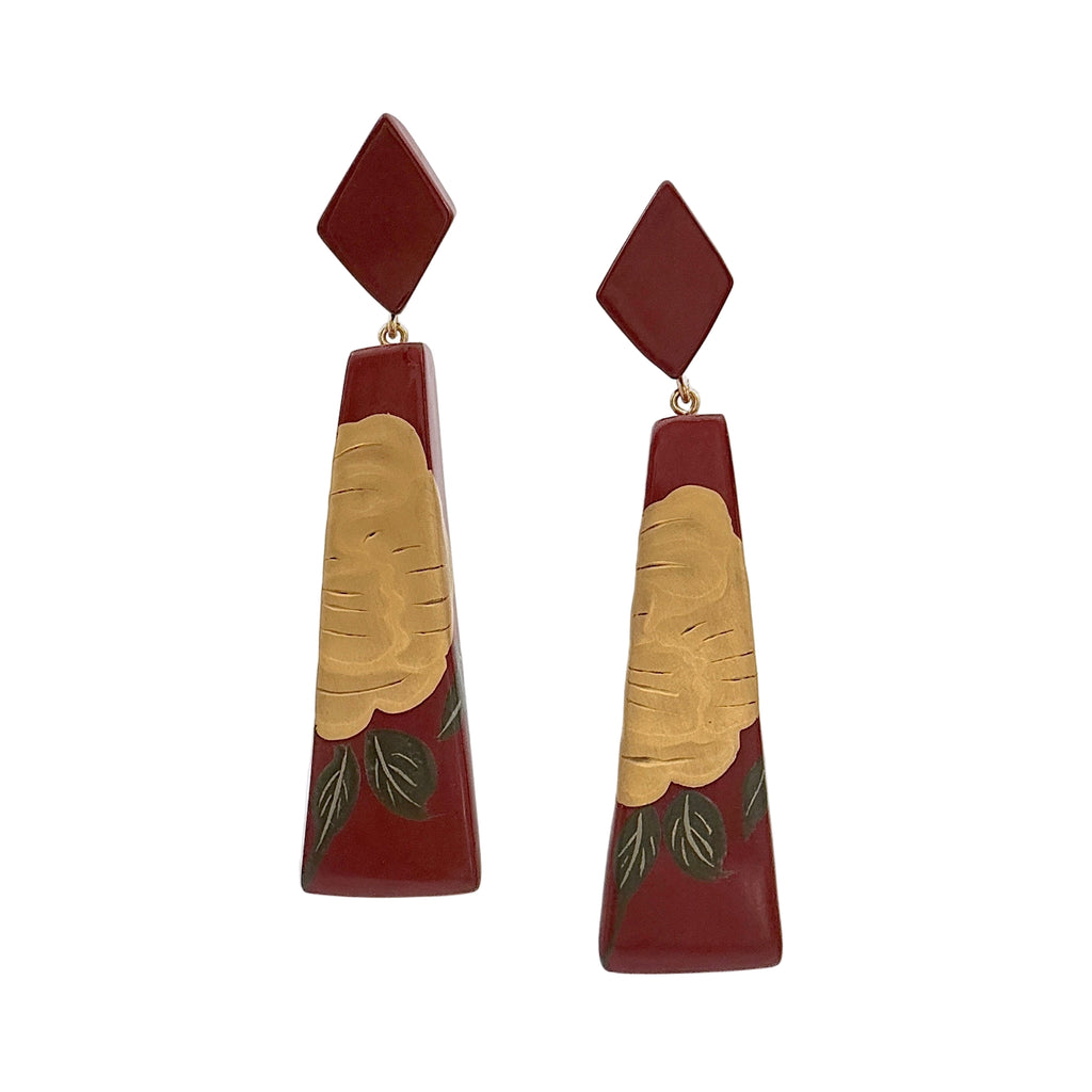 Red Peony Lacquer Quasi-Maki-e Earrings — Pair of earrings with geometric design on a white background