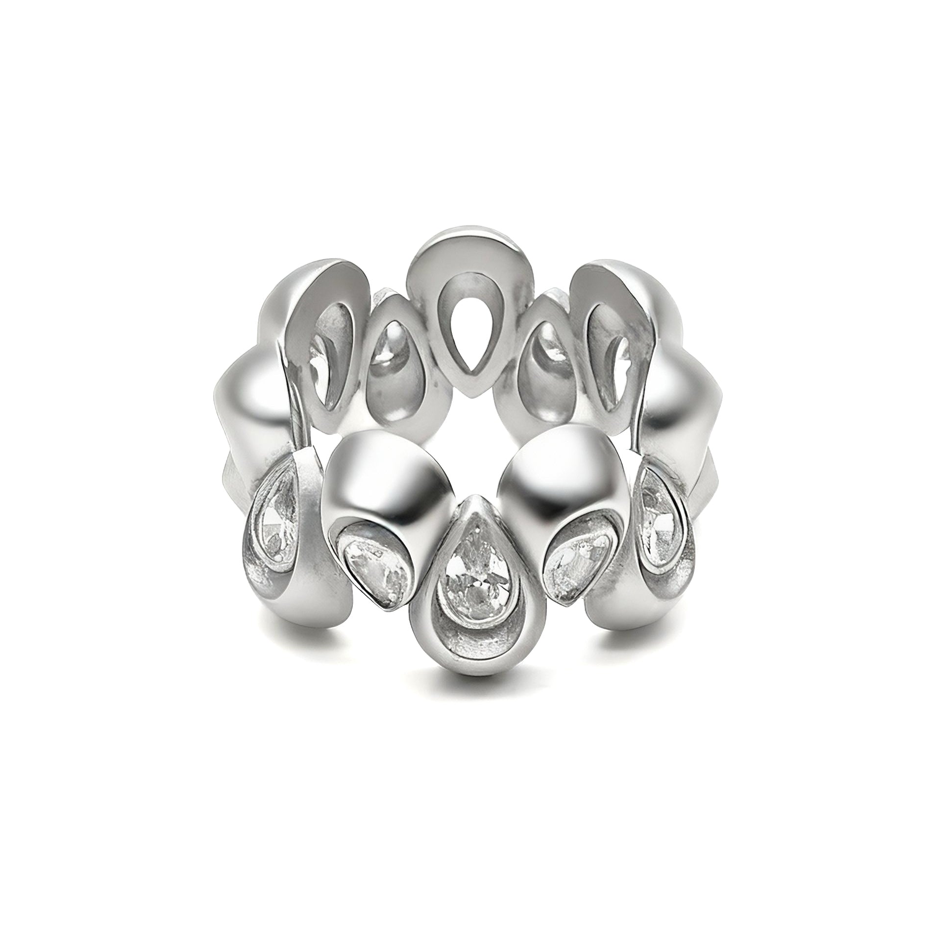Silver ring with teardrop-shaped stones on a white background
