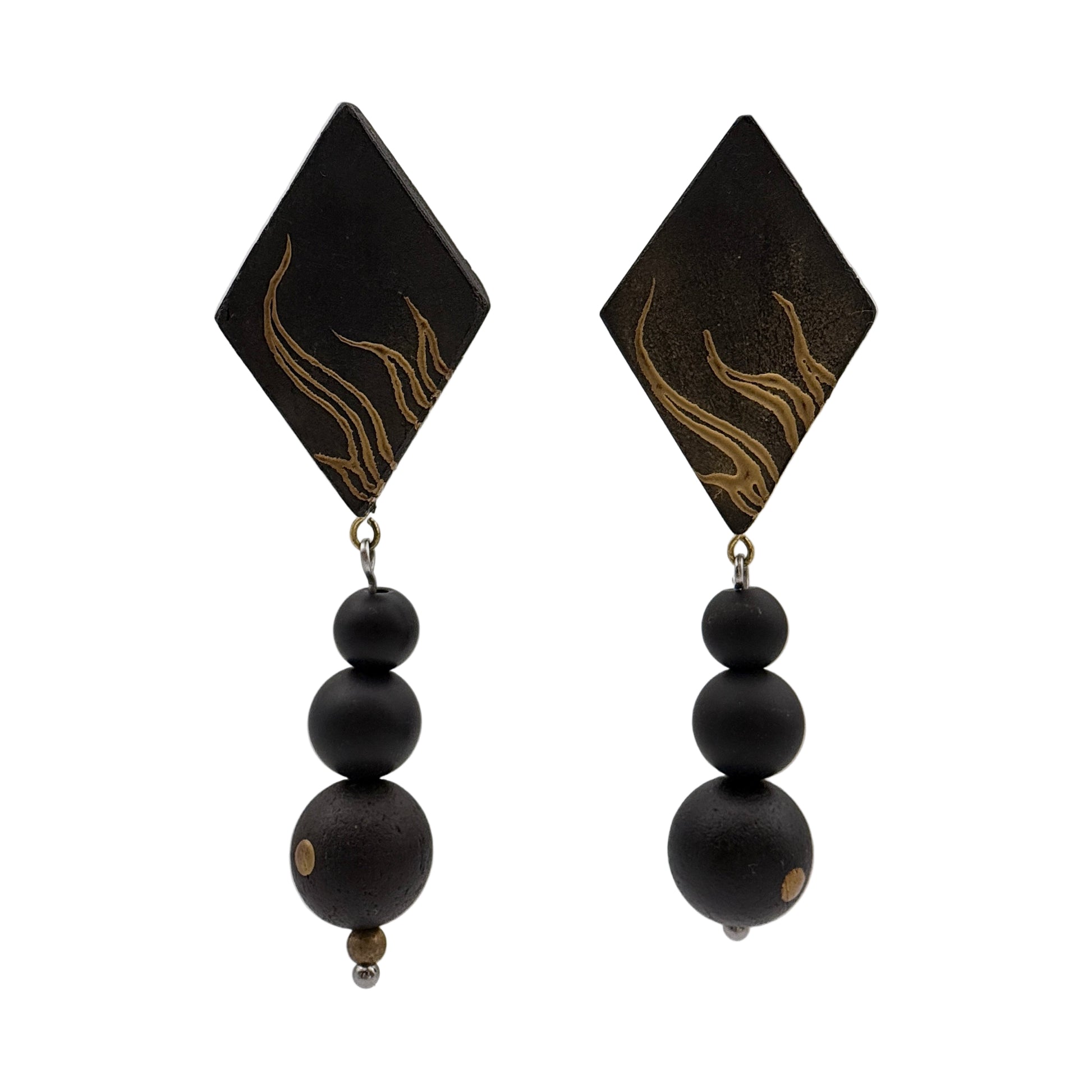 Pair of black earrings with gold accents on a white background