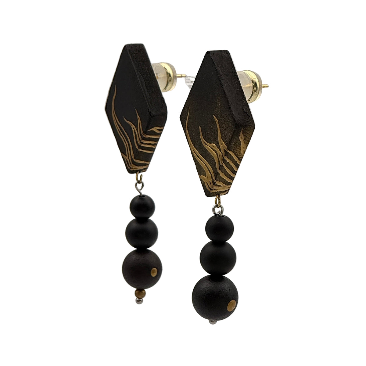 Rising Mountain Lacquer Quasi-Maki-e Earrings — Black and gold earrings with geometric designs on a white background