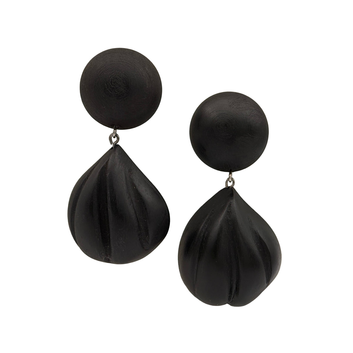 Seashell Lacquer Quasi-Maki-e Earrings — Black earrings with a teardrop design on a white background