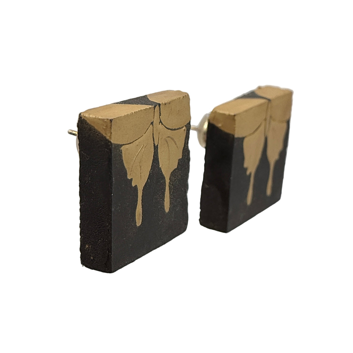 Secret Flower Lacquer Quasi-Maki-e Earrings — Pair of black and gold earrings on a white background