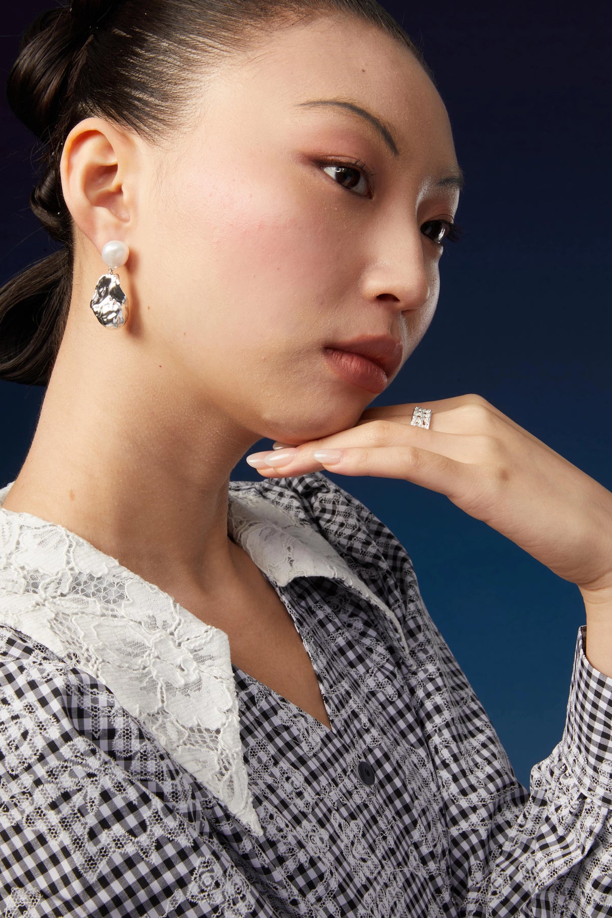Silver & Baroque Pearl Drop Earrings by Luna-mi, product view 2