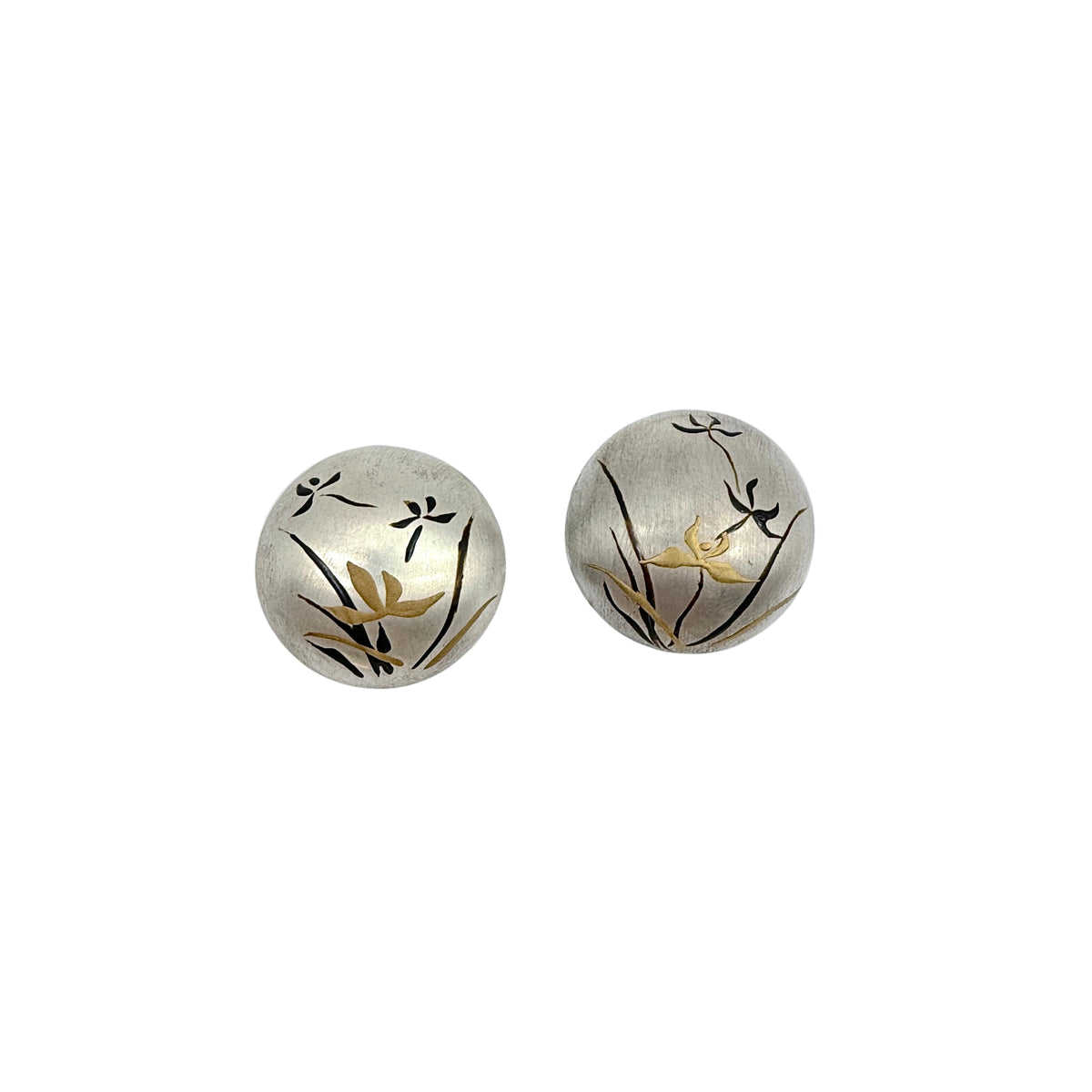 Silver Orchid Lacquer Quasi-Maki-e Stud Earrings — Pair of round earrings with floral designs on a white background