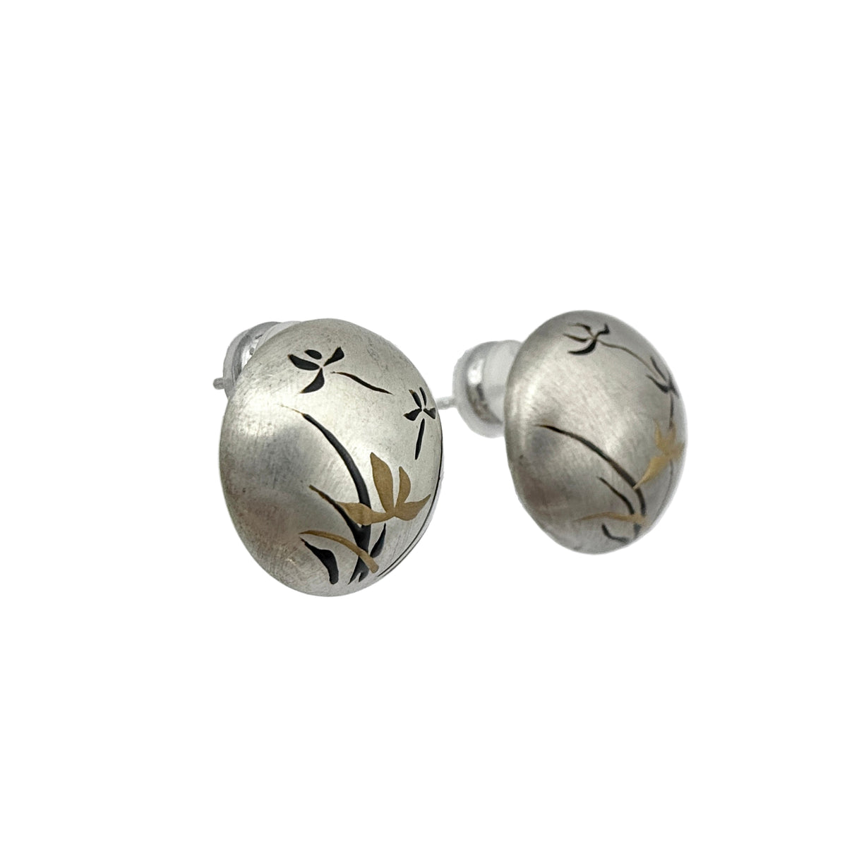 Silver Orchid Lacquer Quasi-Maki-e Stud Earrings — Silver earrings with floral designs on a white background
