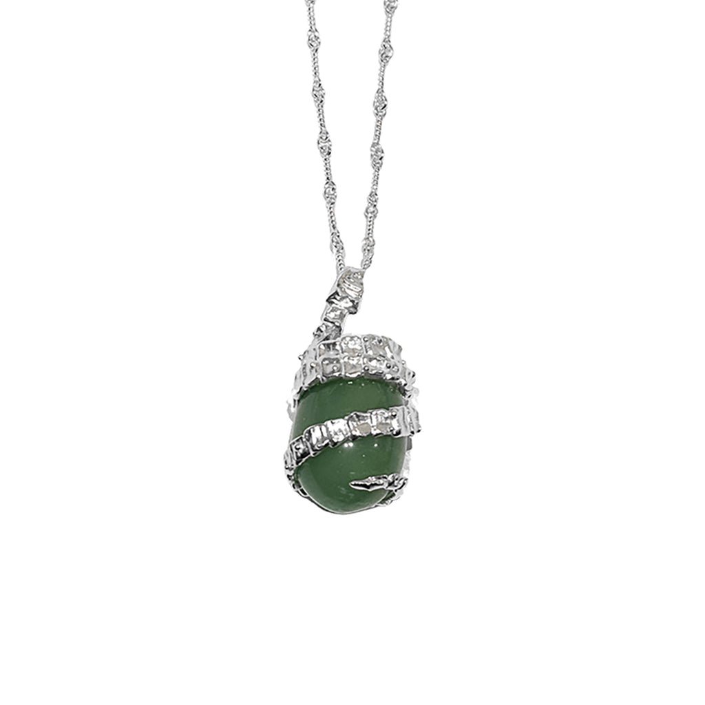 Silver Serpent Guardian Necklace — Green jade pendant with silver chain on a white background