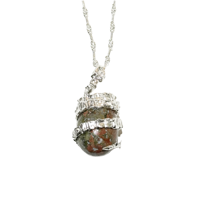 Silver Serpent Guardian Necklace — Necklace with a stone pendant and silver chain on a white background