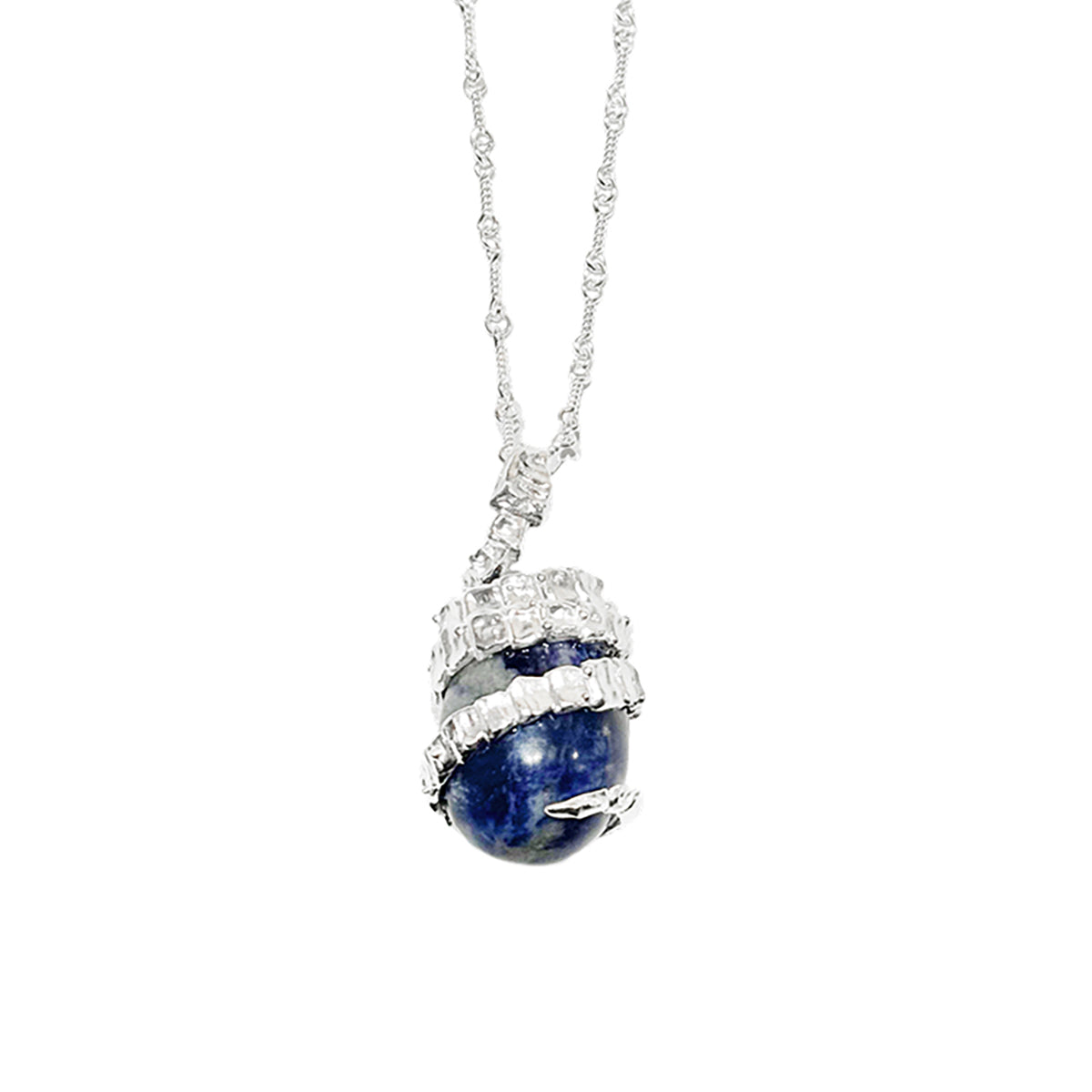 Silver Serpent Guardian Necklace — Necklace with a blue stone pendant on a white background