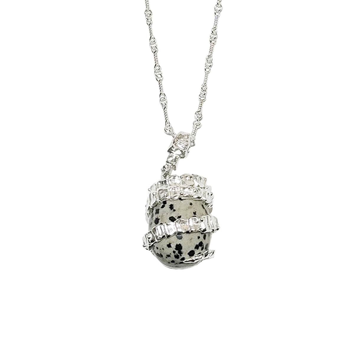 Silver Serpent Guardian Necklace — Necklace with a dalmatian jasper pendant on a white background