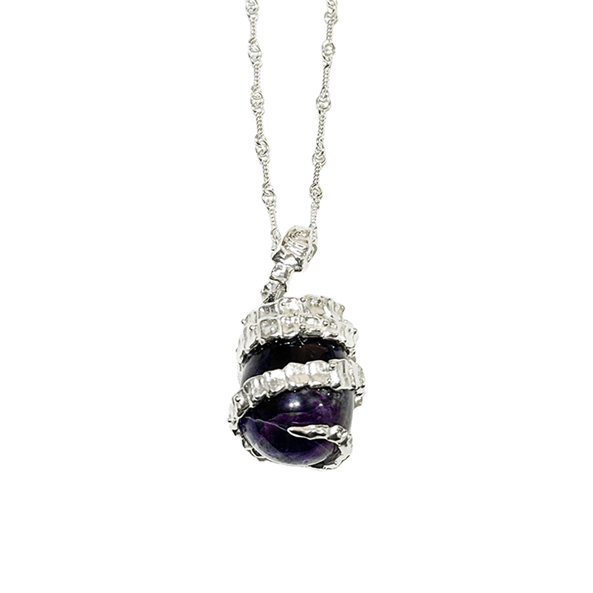 Silver Serpent Guardian Necklace — Necklace with a purple gemstone pendant on a white background