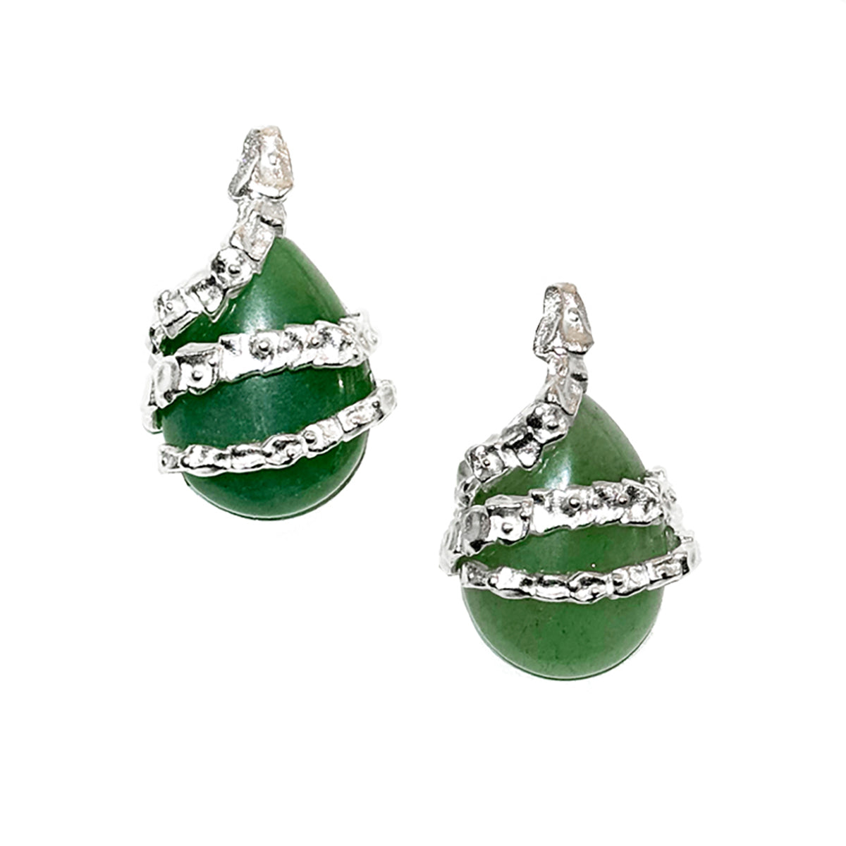 Silver Serpent Guardian Stud Earrings — Pair of green teardrop earrings with silver accents on a white background