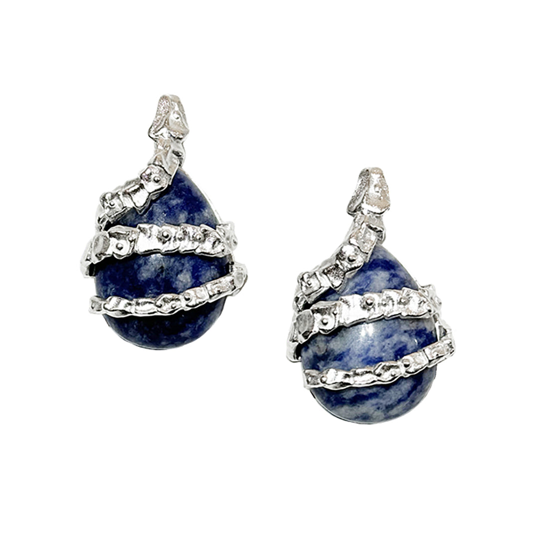 Silver Serpent Guardian Stud Earrings — Pair of blue stone earrings with silver accents on a white background