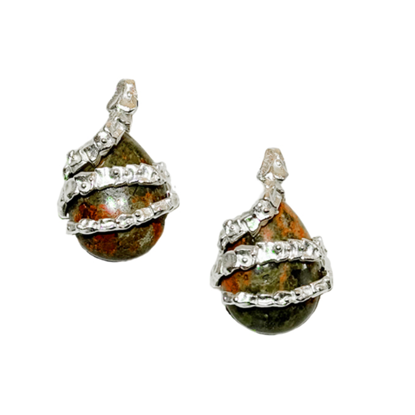 Silver Serpent Guardian Stud Earrings — Pair of earrings with green stone and silver band on a white background