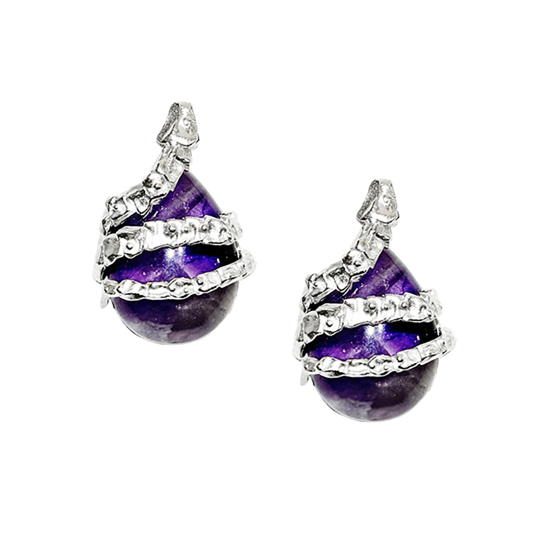 Silver Serpent Guardian Stud Earrings — Pair of purple teardrop earrings with silver accents on a white background