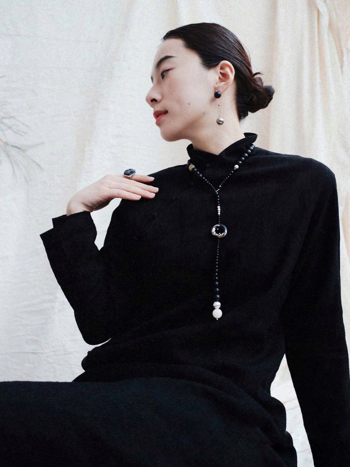 Soft Chrysanthemum Ebony Bodhi Lacquer Quasi-Maki-e Necklace by WenKang Lacquer, product view 2