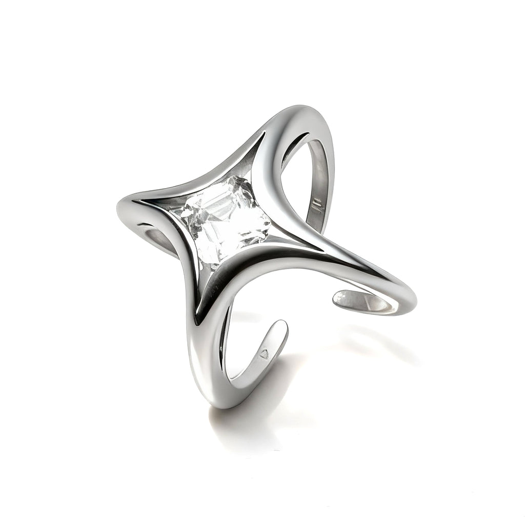 Stellar Keystone I · Moissanite & Silver Ring — Silver ring with a diamond on a white background