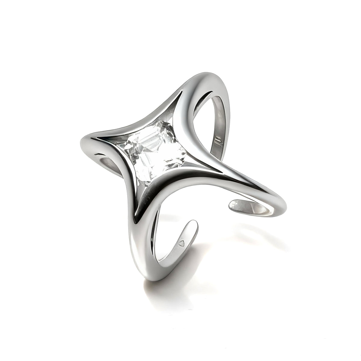 Stellar Keystone I · Moissanite & Silver Ring — Silver ring with a diamond on a white background
