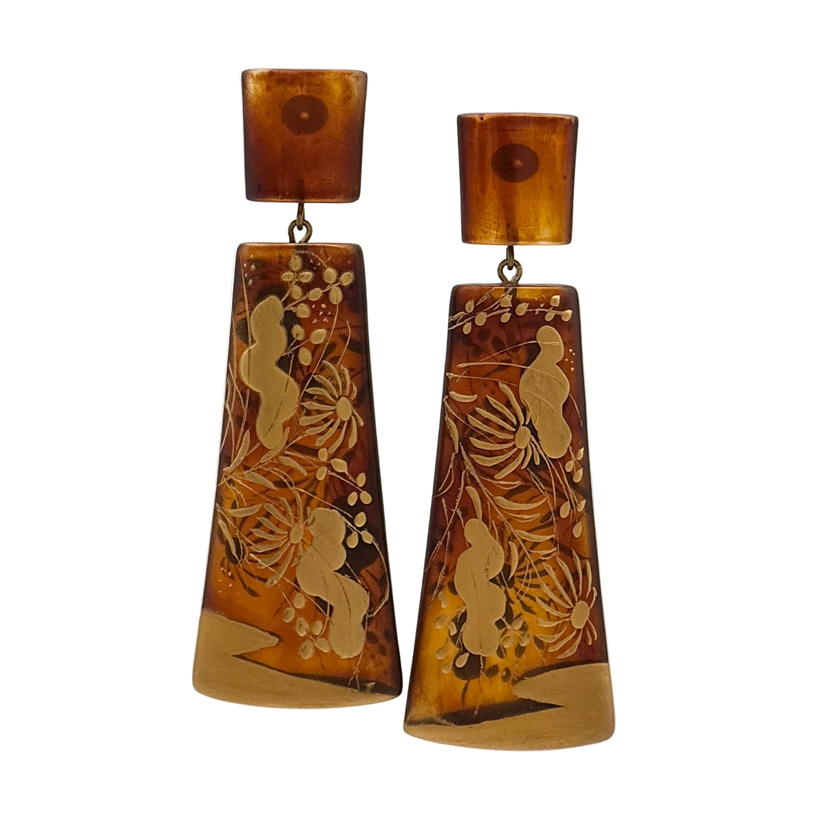 Sunset Watergrass Lacquer Quasi-Maki-e Earrings — Pair of brown earrings with floral designs on a white background