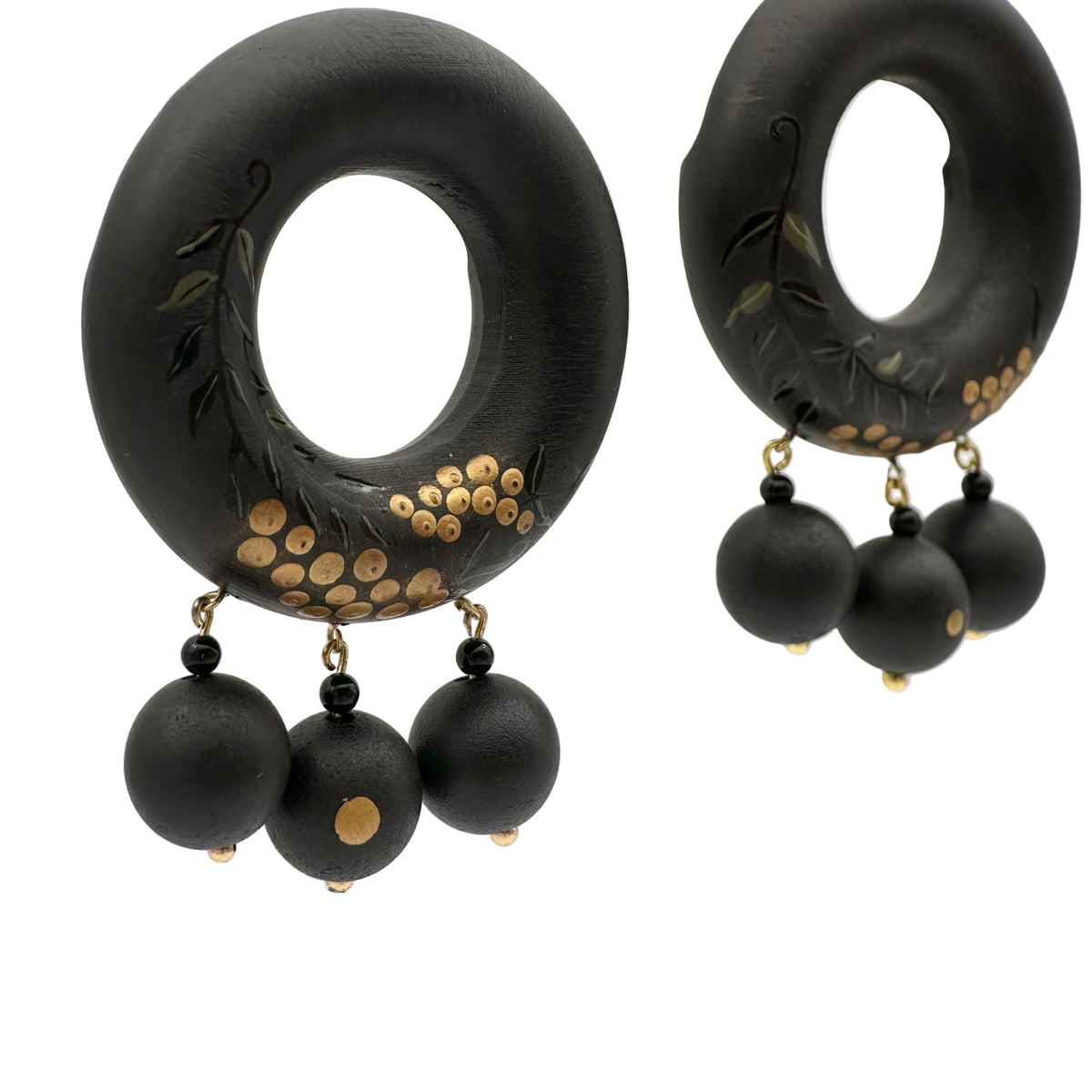 Tenjiku Black Lacquer Drop Earrings — Black hoop earrings with gold accents and black beads on a white background