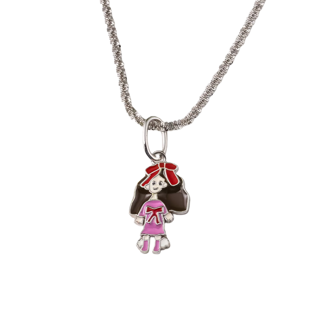 Necklace with a pendant of a girl in a pink dress on a white background