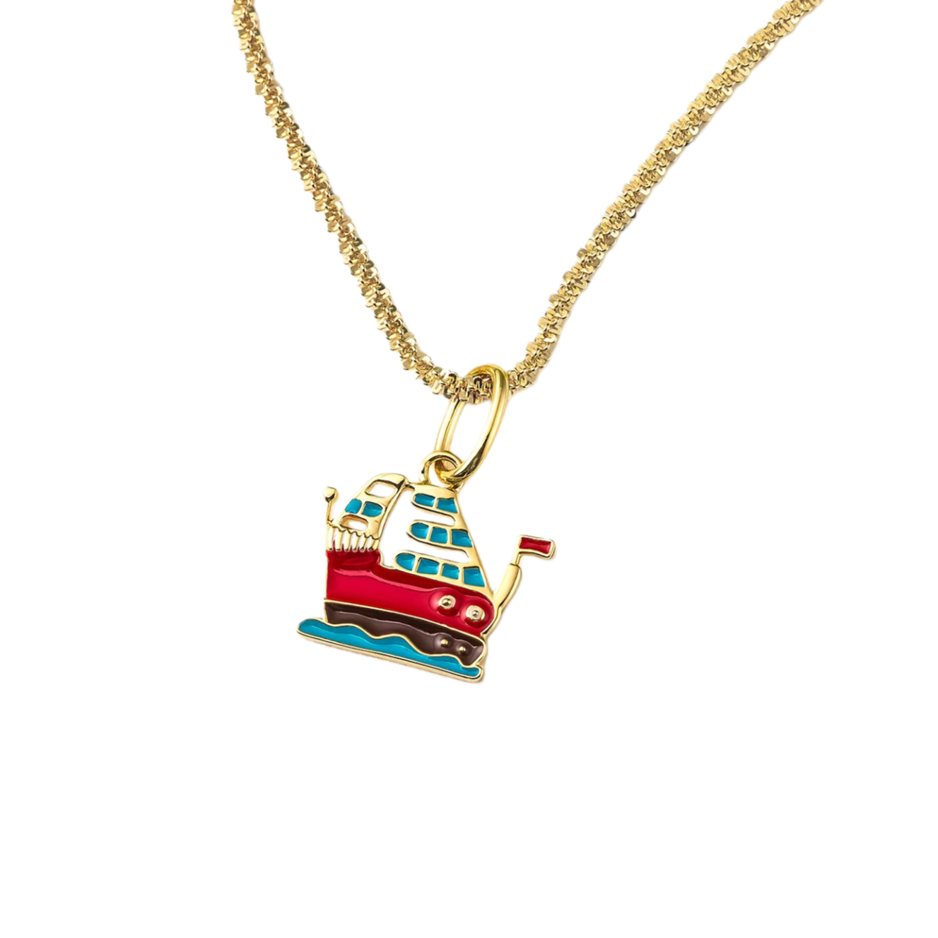 TETEMOM custom ship pendant created from a child’s drawing in 18K gold with hand-applied enamel.